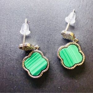 Elegant Green Malachite Stone Clover Silver Stud Earrings